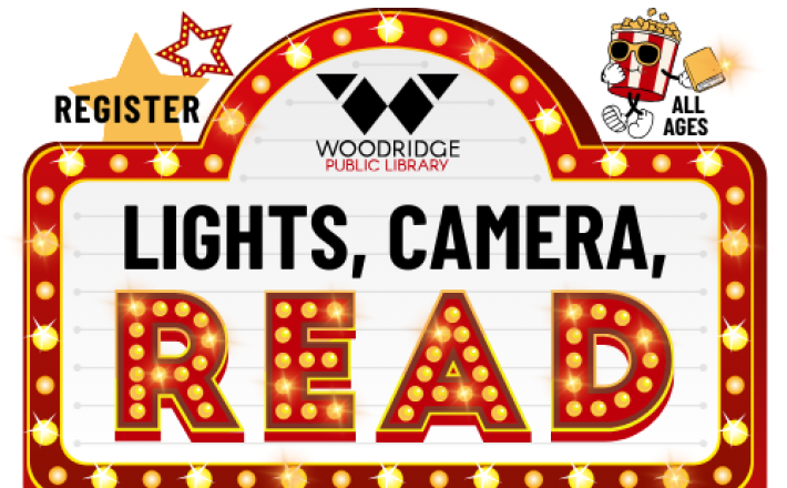 movie marquee reads lights, camera, read all ages register