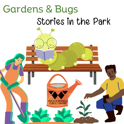 Garden & Bugs, caterpillar reading on bench, people gardening