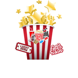 Popcorn bucket with stars and prizes "enter to win," "lucky draw"