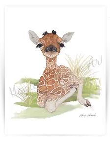 Baby Giraffe watercolor painting by Marge Pavich with watermark