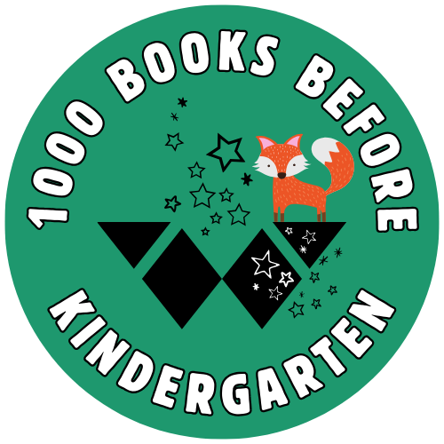 The words "1000 Books Before Kindergarten" curved around the Woodridge Public Library logo and a cute fox.