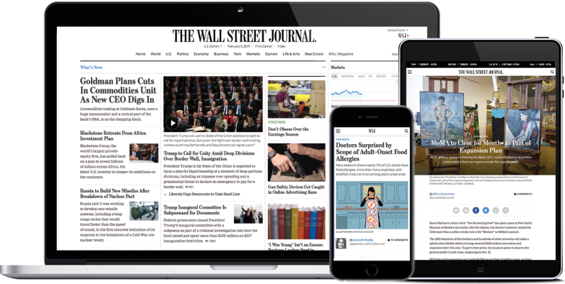 The Wall Street Journal on a desktop computer, phone, and tablet.