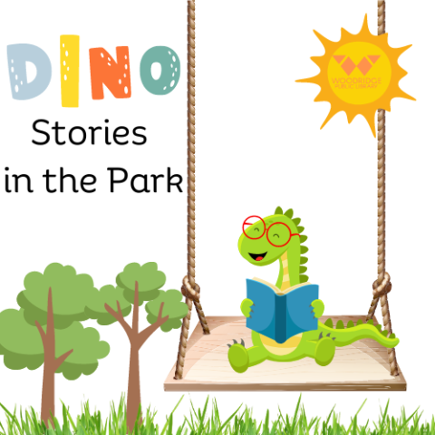 Dino Stories in the Park, dinosaur riding swing reading