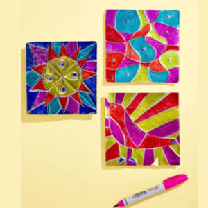 3 colorful tin artworks with sharpie marker