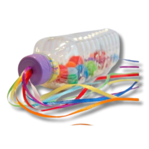 Plastic bottle with ribbons, filled with pompoms 