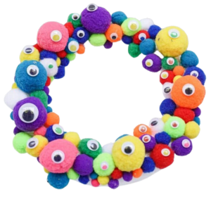 Pompom wreath with googly eyes