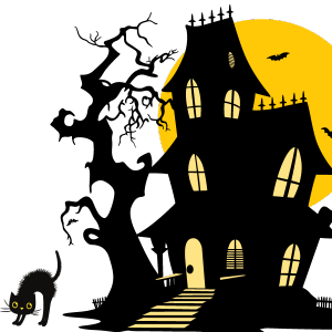 haunted house silhouette with moon and black cat