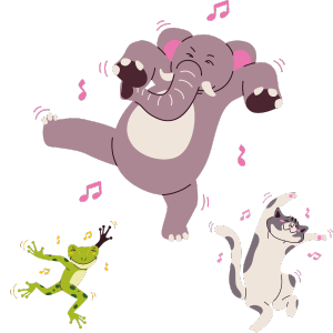 Frog, cat, and elephant dancing