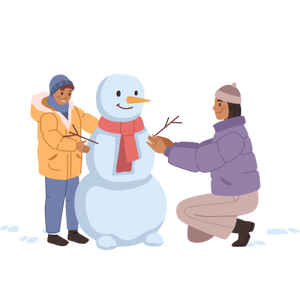 mom and child building a snowman