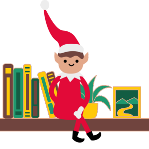 Elf sitting on bookshelf