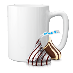 White mug with Hershey's Hugs chocolates