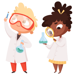 Two children in lab coats examining vials 