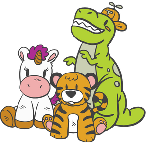 stuffed unicorn, tiger and dinosaur