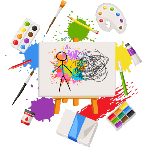 canvas with scribbles and stick figure surrounded by art supplies