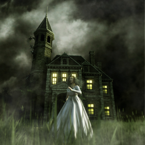 woman in front of haunted house