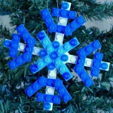 blue and white snowflake made out of legos