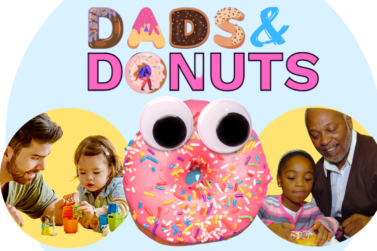 Dads and Donuts, Dad eating donut with kid, Dad playing Lego with child