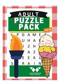 Cover of take home packet of puzzles for adults, symbols of summer-- picnic, Olympic torch and ice crea--shown