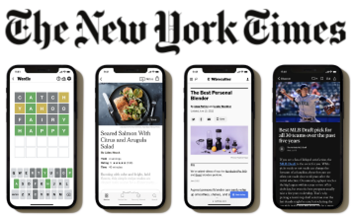 The New York TImes with screenshots of games, cooking, Wirecutter, and news.