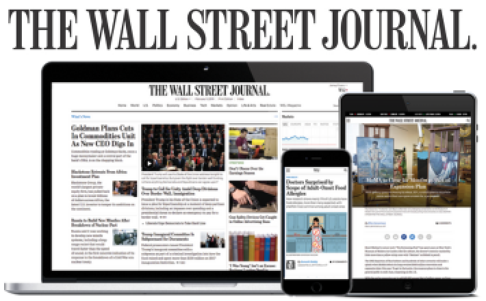 The Wall Street Journal logo over a picture of the site on a desktop computer, phone, and tablet.