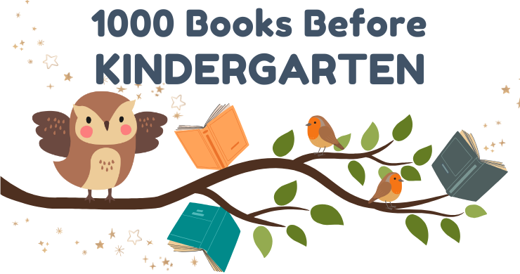 The words "1000 Books Before Kindergarten" above a branch that has an owl on it and books sprouting from it.